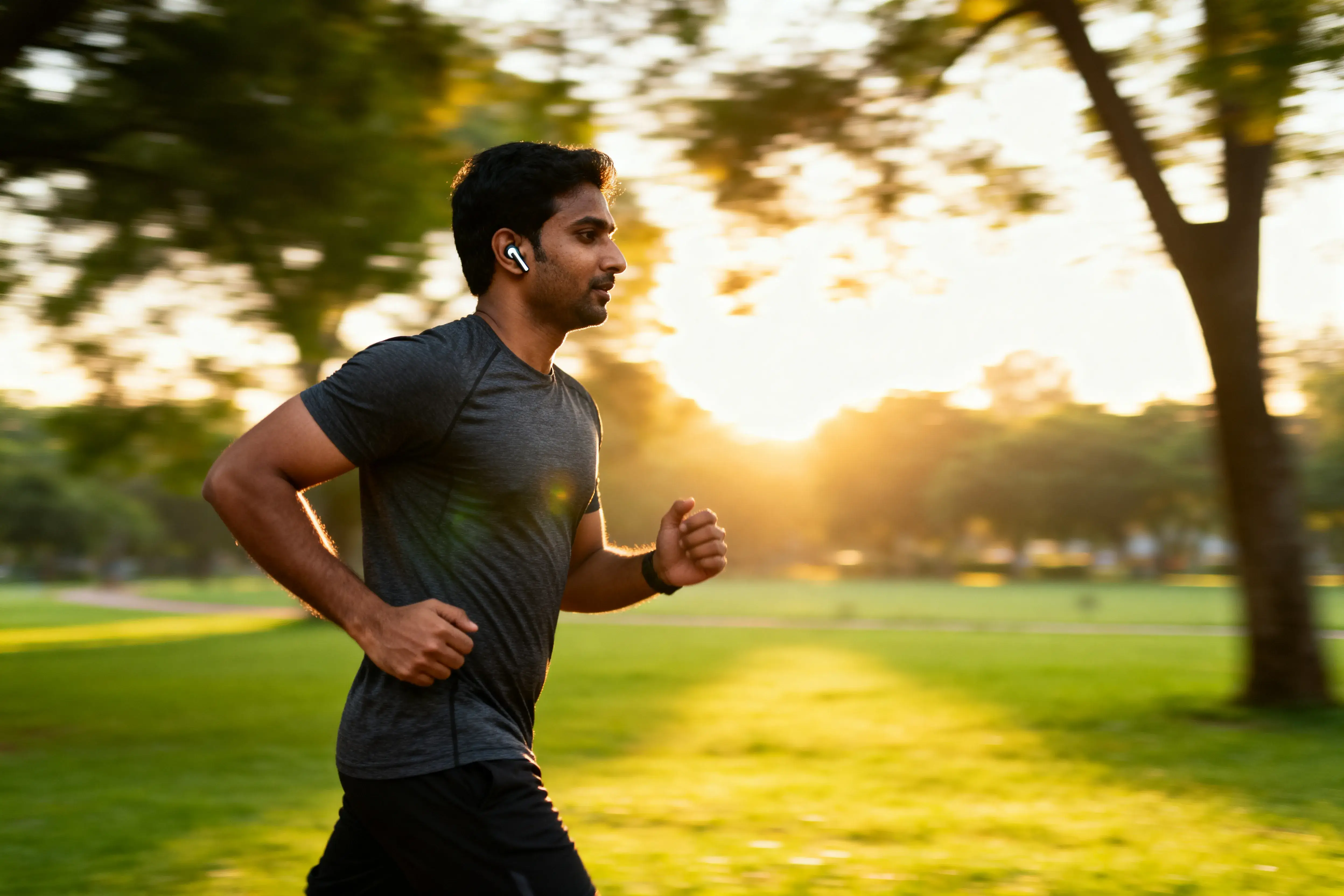 Runner exercising outdoors with wireless earphones