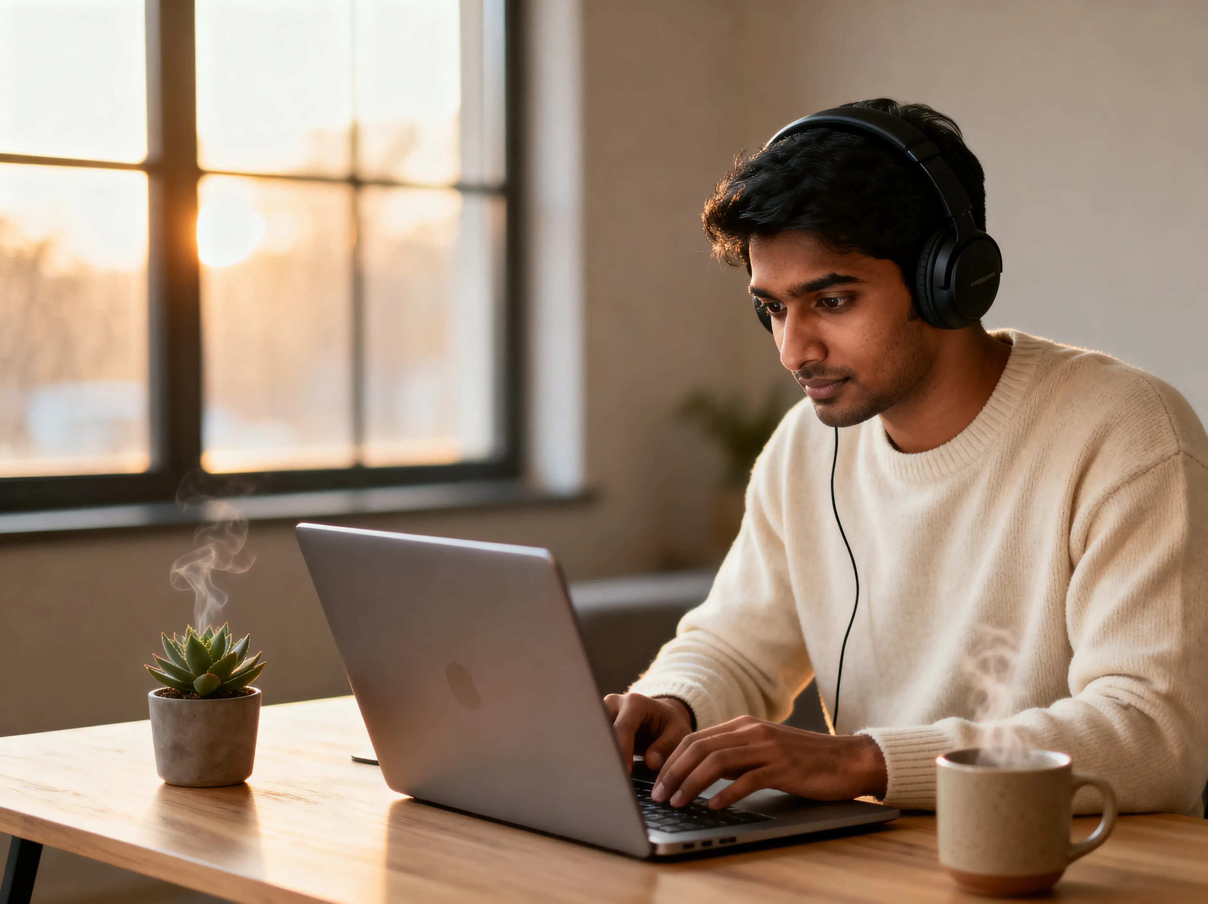 Young person wearing headphones converting YouTube to MP3 on laptop